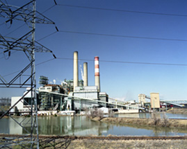 Electrical transmission lines in front of coal-fired power plant