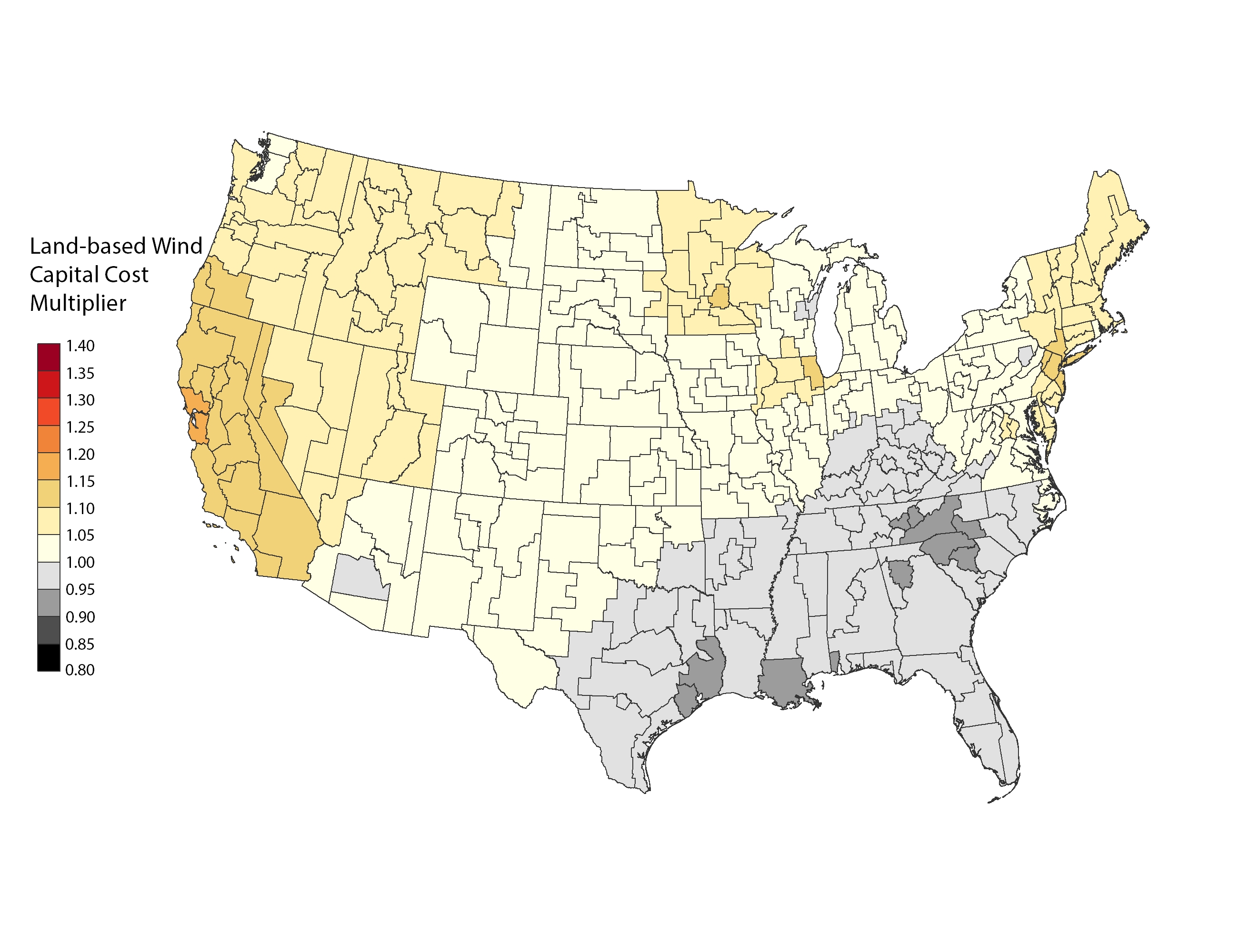 chart: Cost Multiplier Map - Land-Based Wind (No 20%)